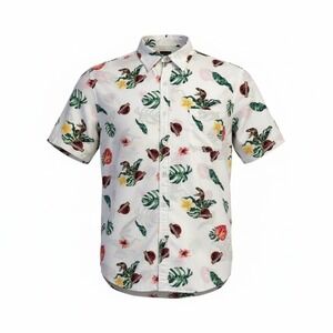Jurassic World Mens Short Sleeve Button Down Tropical Dinosaur Shirt White Large